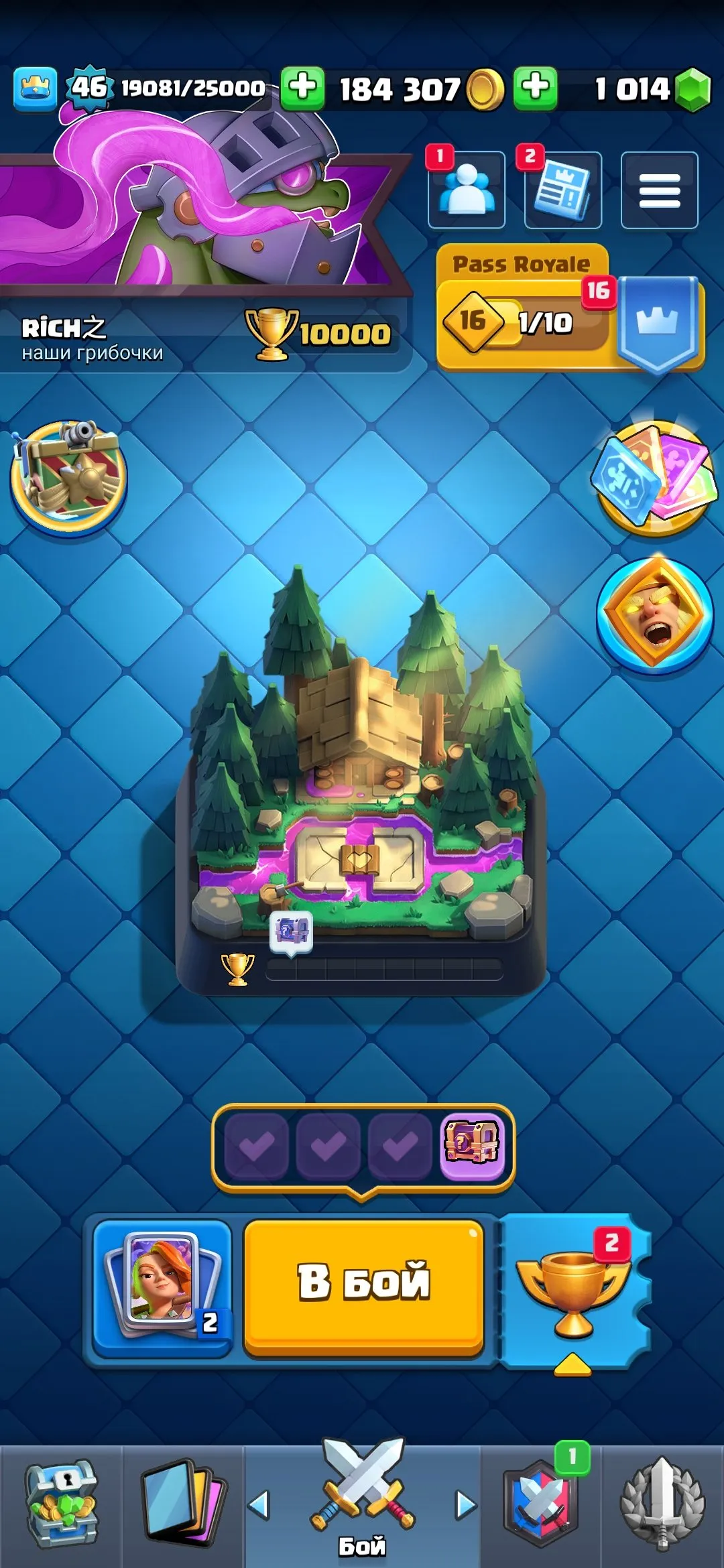 CR560 Hero Knight, BP Tower Skin, 9 Evo Cards, 10k Trophies, 200k Gold, 1000 Gems, 67 Emotes, 4 Tower Skins, 50 Banners, Strong Level 15 Deck