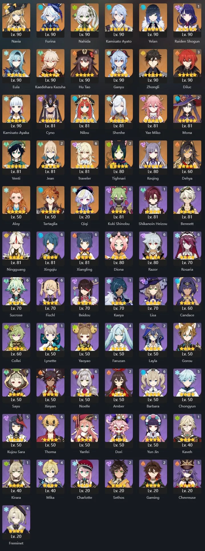 GI1028 Lumine AR60 Europe with Raiden C1, Hu Tao C1, Furina, Nahida, Zhongli, Kazuha, Ayaka, Ganyu, Yelan, Ayato, Nilou, Navia + Many 5 STAR Weapons & Skins