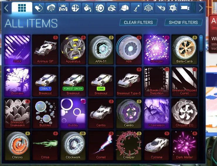 STOCK479 //Titanium White Octane, Fennec, 49 Black Markets (20XX, Dissolver, Mainframe, Fire God, Trigon, Popcorn, Dueling Dragons, Hellfire, Heatwave), Painted Hotshot/Paladin/Merc, Santa Fe, Hypnotik, Infinium, REEVRB, Draco, K2, Exclusive Wheels
