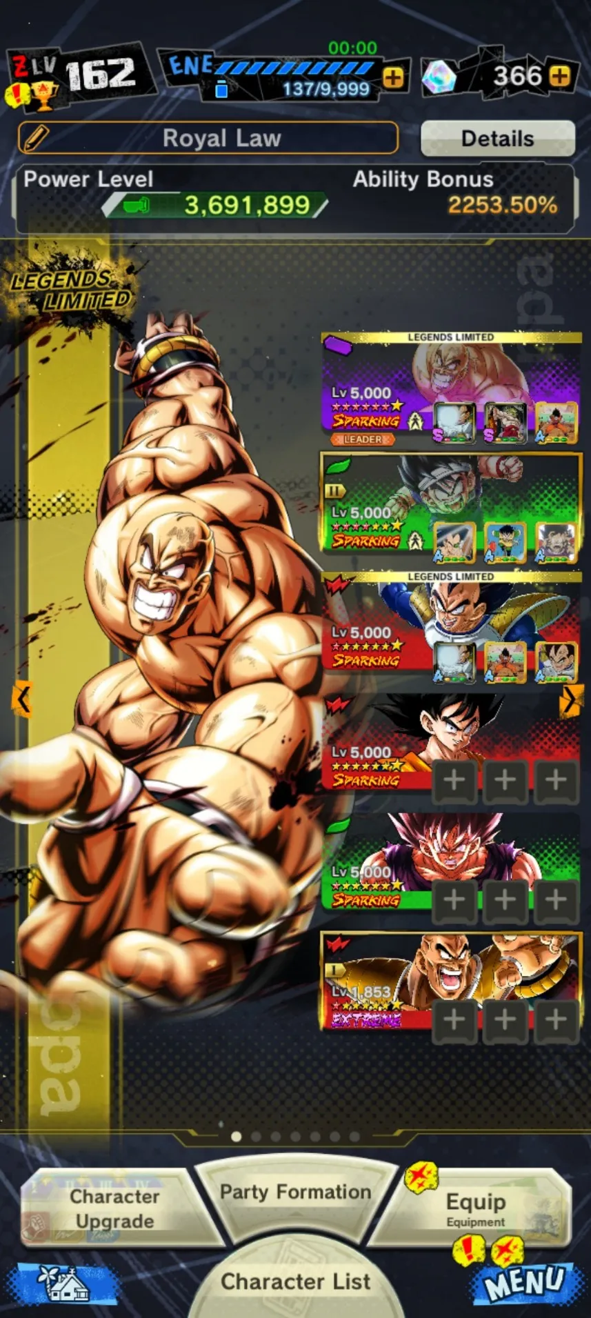 IOS+Android-Level 162-Nappa 13 star+Vegeta+Goku Uis+Trunks and Vegeta+Goku GT+SS God Goku blue+Jiren Zenkai)-Good Zenkai+Sparking-Good Equipment-DR409