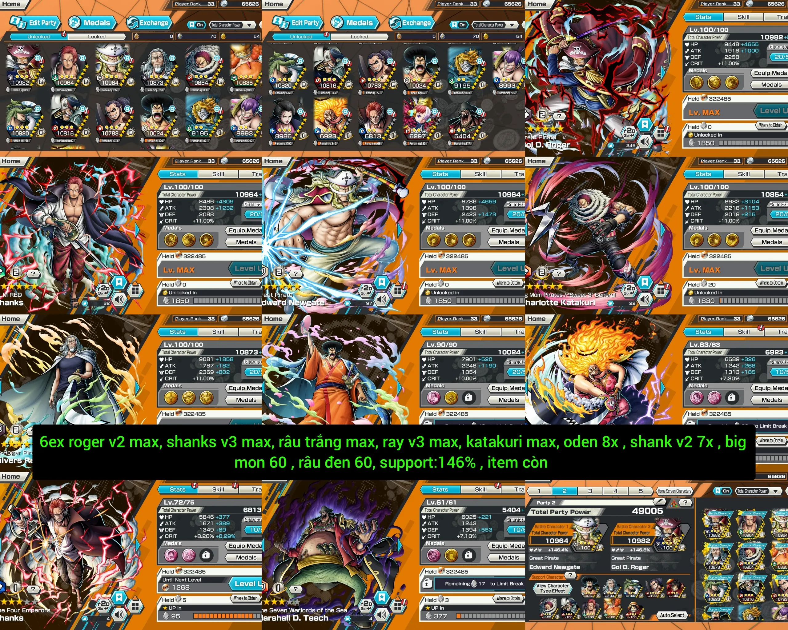 IOS+Android-3/6 Ex Max(Shank V3+Roger V2+White Beard V2+Shank V2+Big Mom Red+Black Beard)-Good BF Katakuri Max+Rayleigh Max+Oden+Cracker+Uta+Shiryu-SP 146%-Good Medal-Q41