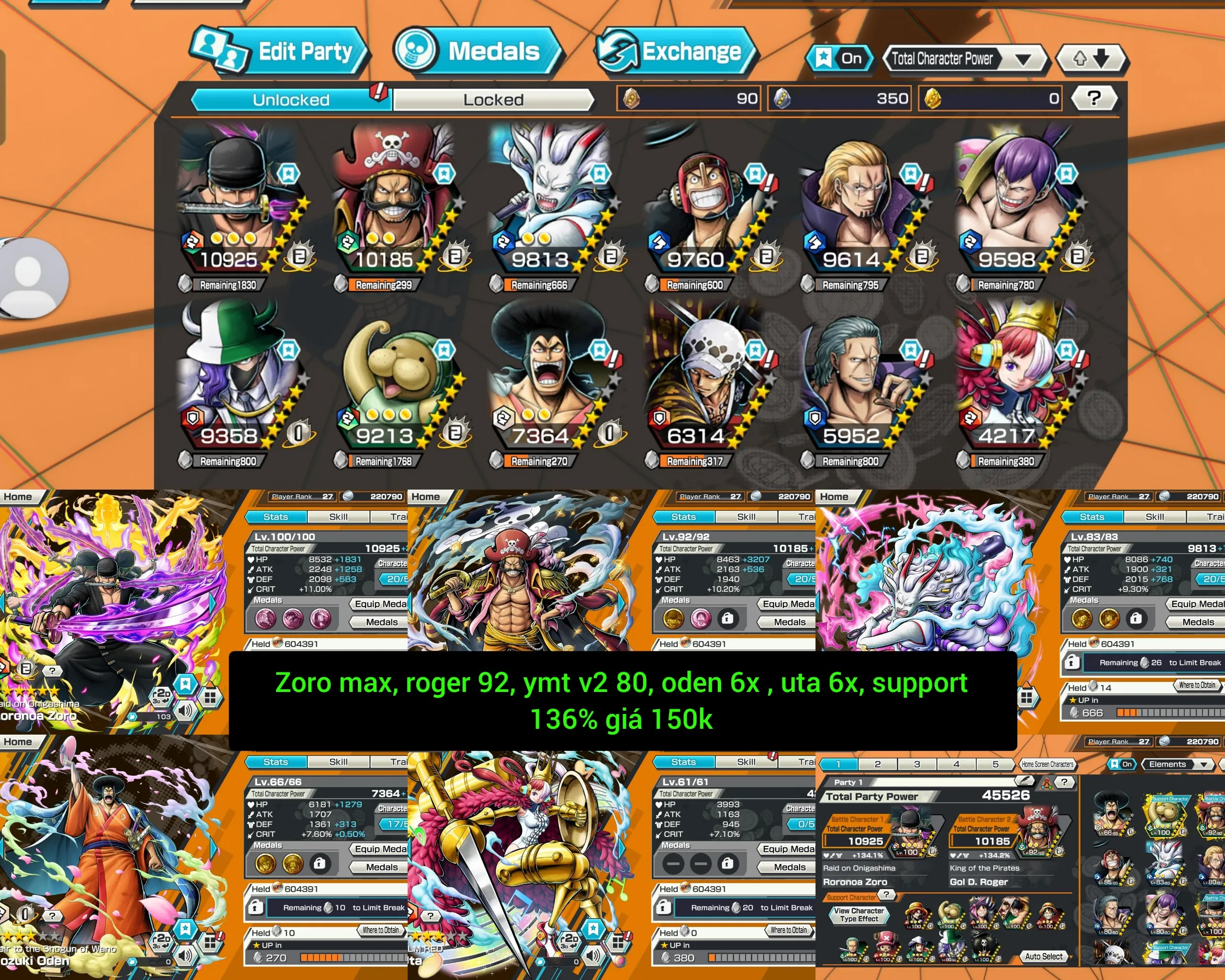 IOS+Android-3 Ex(Zoro Max+Roger V1+Yamato V2)-Good BF Oden+Uta+Law+Ben Beckman-SP 136%-Good Medal-Q42