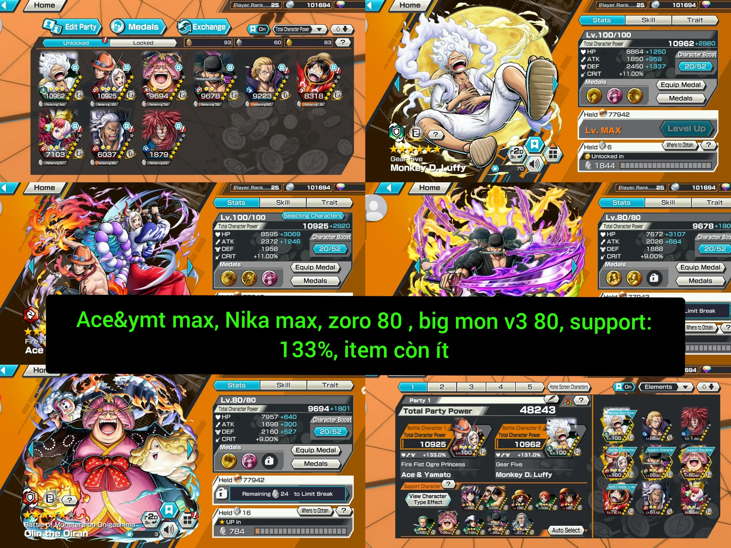 IOS+Android-4 Ex(Luffy Nika Max+AceYamato Max+Zoro+Big Mom Oni)-Good BF Rayleigh+Uta+King V2+Kaigara-SP 133%-Good Medal-Q44
