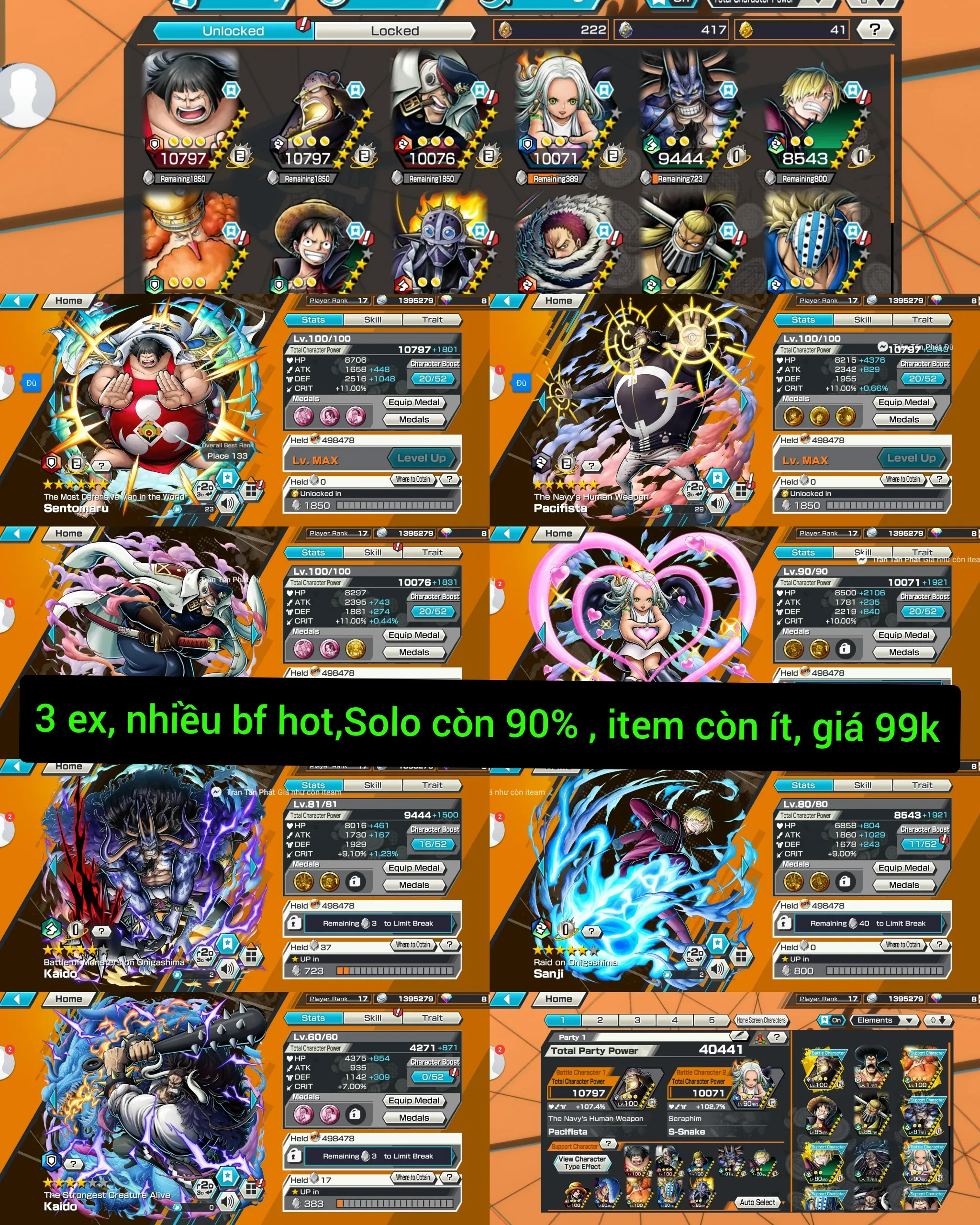 IOS+Android-3 Ex(Kaido V2+Kaido V3+S-Snake)-Good BF Pacifista Max+Sentomaru Max+Shiryu+Sanji+King+Katakuri-SP 107%-Good Medal-Q43