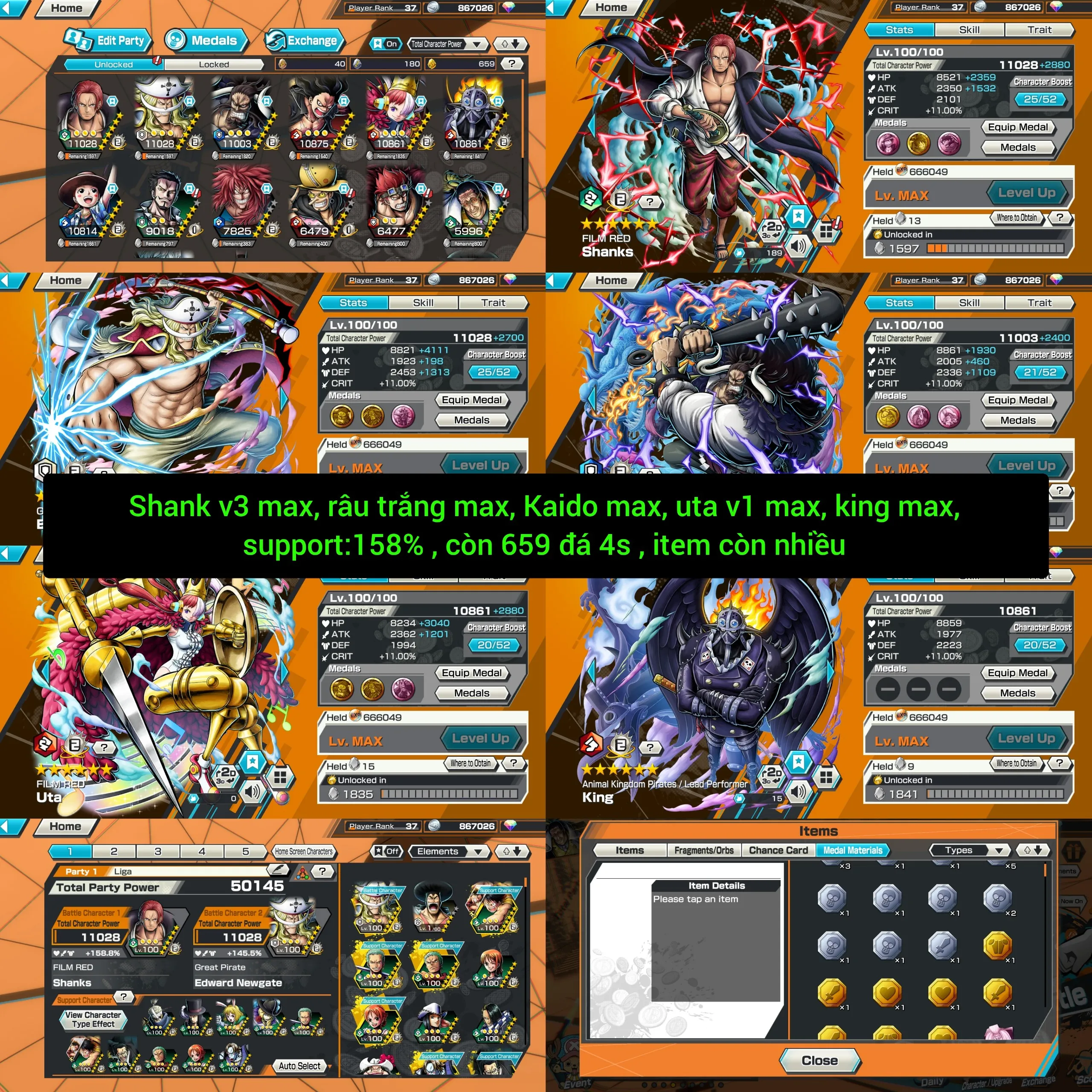 IOS+Android-3 Ex Max(Shank V3+White Beard V2+Kaido V2)-Good BF Uta Max+King V1 Max+Kaiigara+Kid+Kizaru-SP 158%-Good Medal-Q50