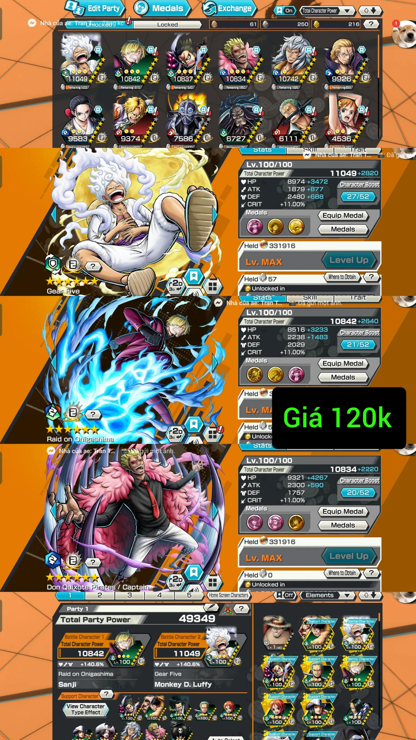 IOS+Android-Ex Luffy Nika Max-Good BF Sanji Max+Doflamingo Max+Rayleigh+Sabo+Robin+King V1+Kaido V1+Nami-SP 140%-Good Medal-Q52