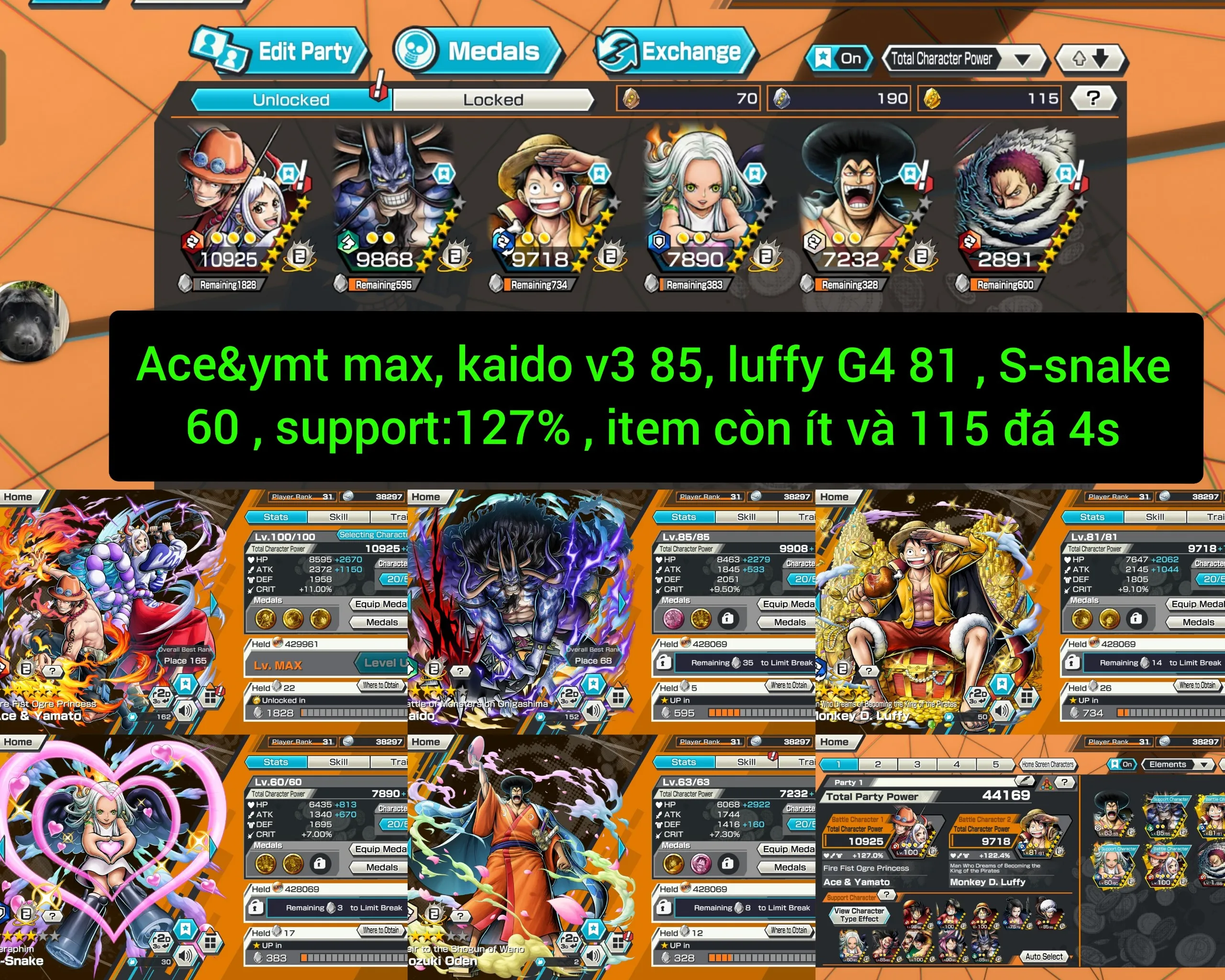 IOS+Android-4 Ex(Kaido V3+Luffy King+S-Snake+AceYamato Max)-Good BF Oden+Katakuri-SP 127%-Good Medal-Q57
