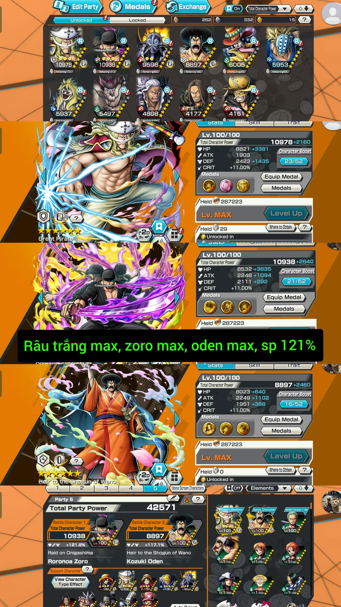 IOS+Android-2 Ex Max(Zoro+White Beard V2)-Good BF Oden Max+King V1+Perospero+Killer+King V2-SP 121%-Good Medal-Q55