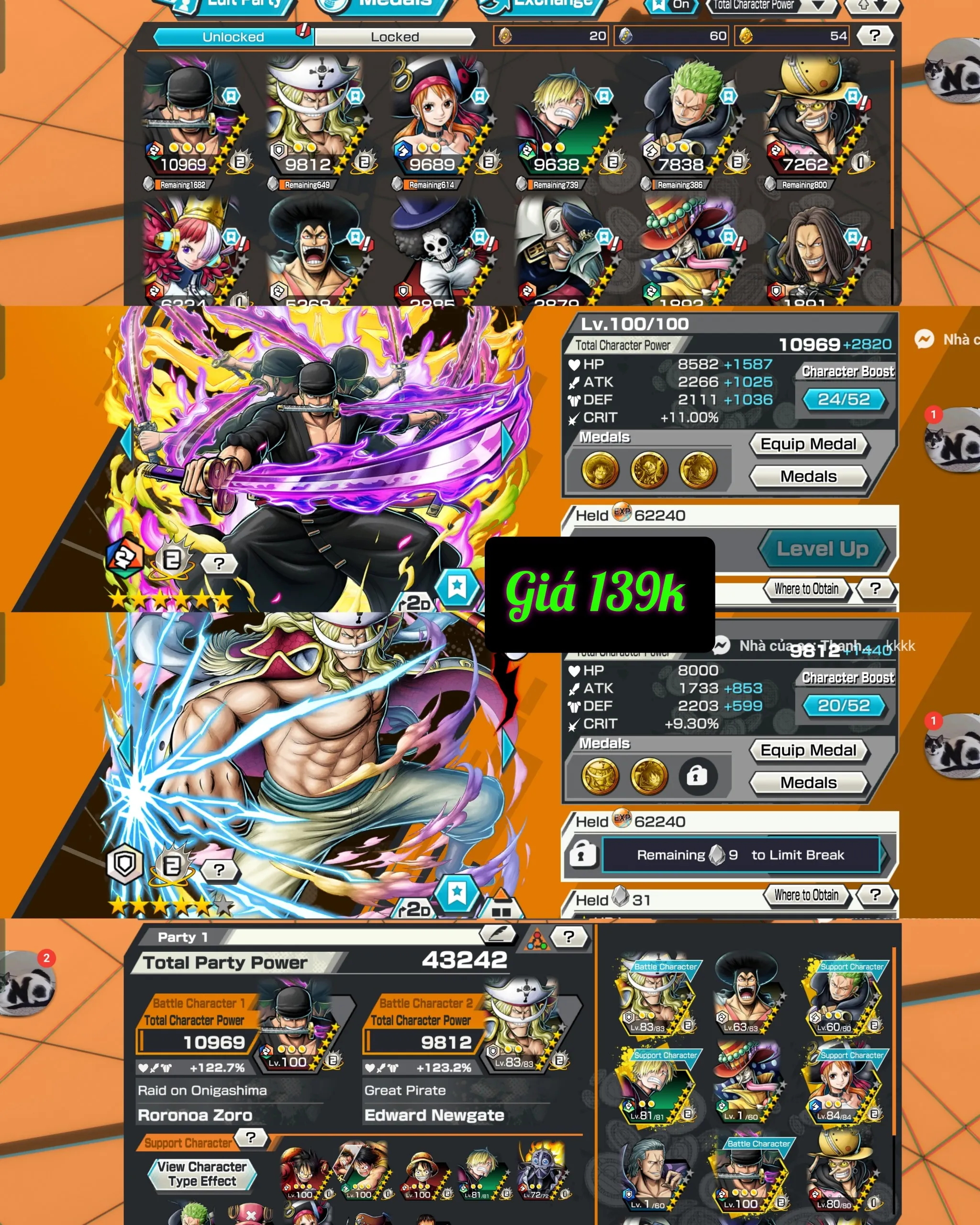 IOS+Android-2 Ex(Zoro Max+White Beard V2)-Good BF Sanji+Zoro+Uta+Oden+Brook+Shiryu+Perospero-SP 122%-Good Medal-Q59