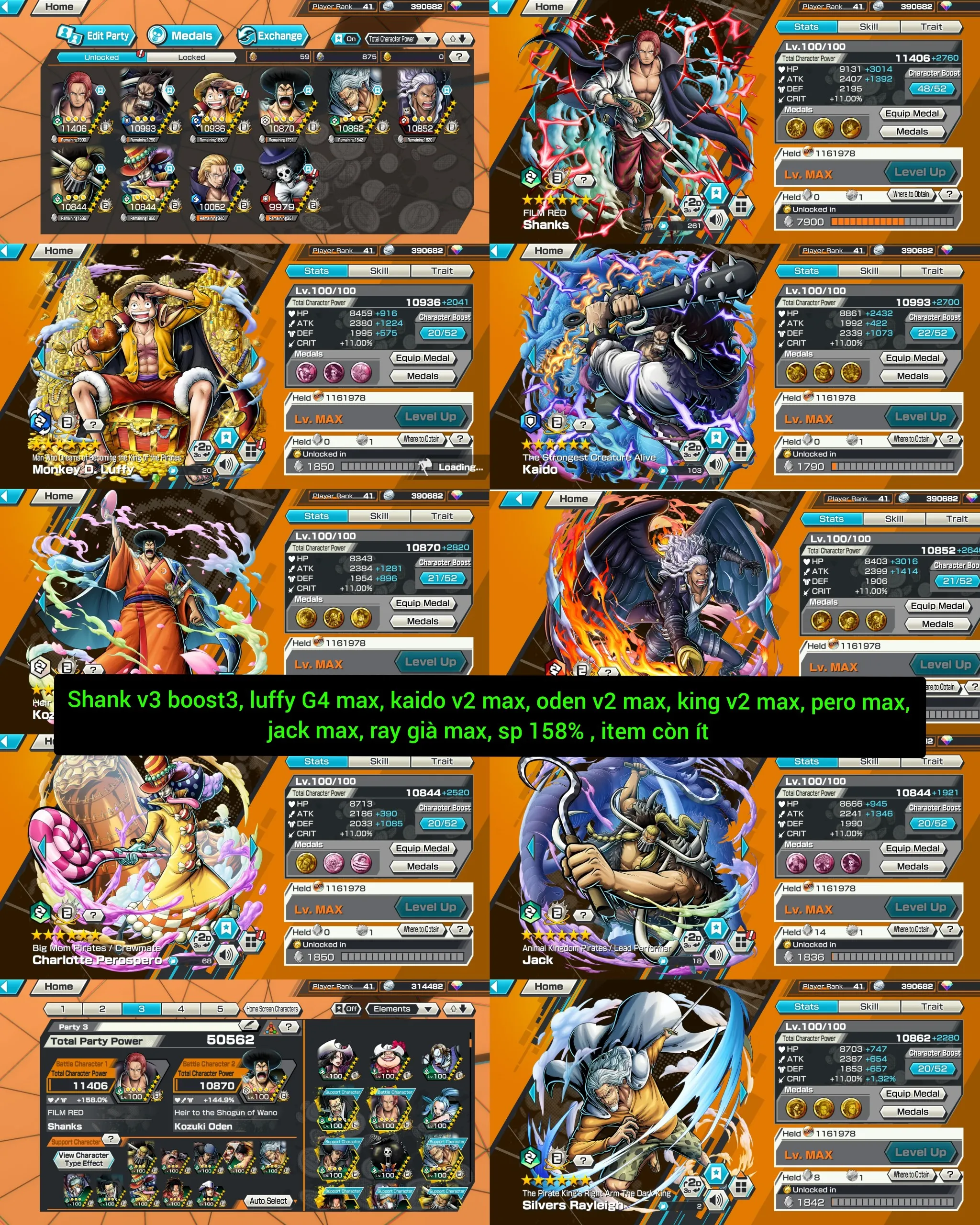 IOS+Android-3 Ex Max(Shank V3 Boost 3+Luffy Kig+Kaido V2)-Good BF Max(King V2+Oden+Perospero+jack+Rayleigh)-SP 158%-Good Medal-Q54