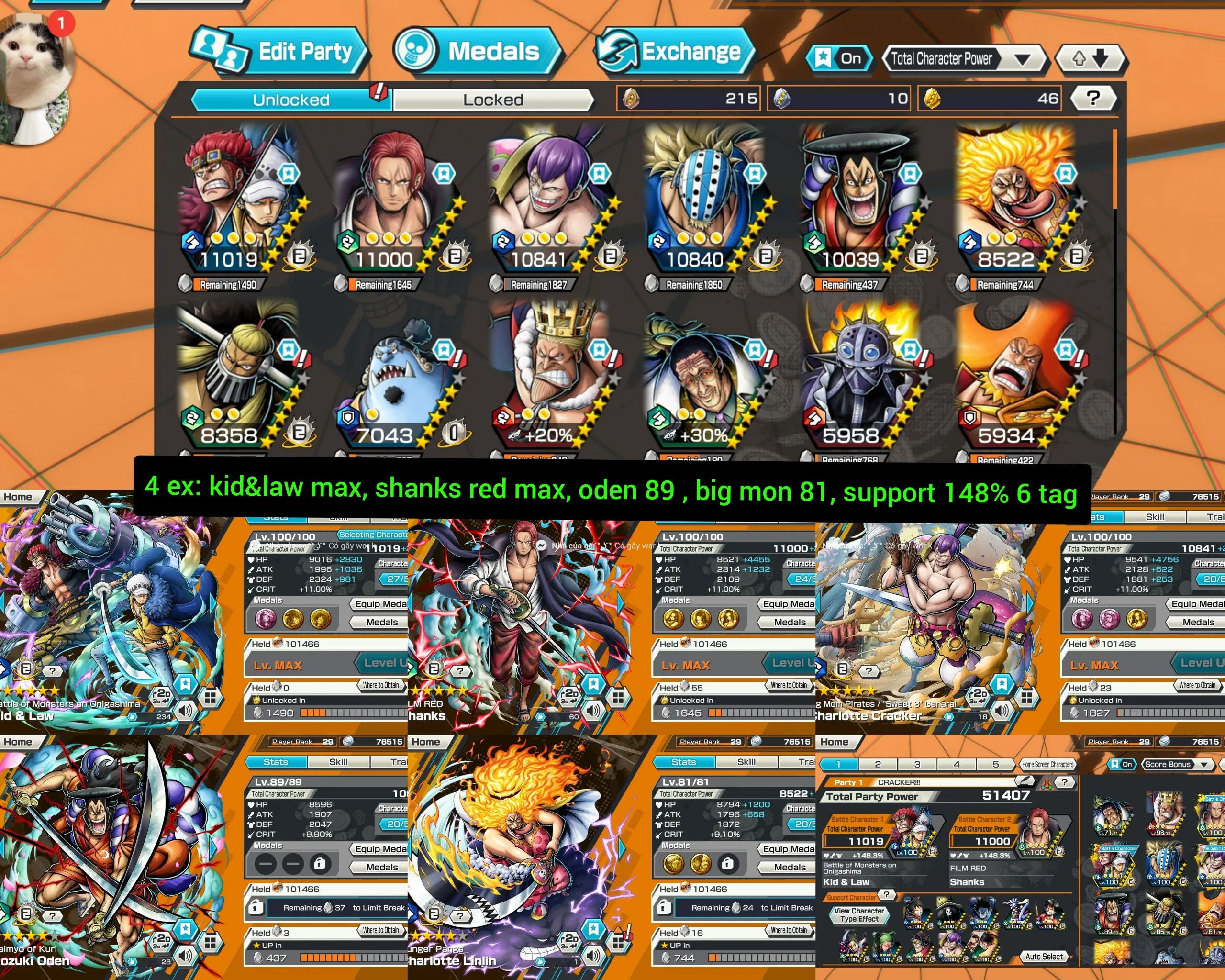 IOS+Android-4 Ex(KidLaw Max+Shank V3 Max+Oden+Big Mom)-Good BF Killer+Cracker+Jack+Jinbe+King+Kizaru-SP 148%-Good Medal-Q64