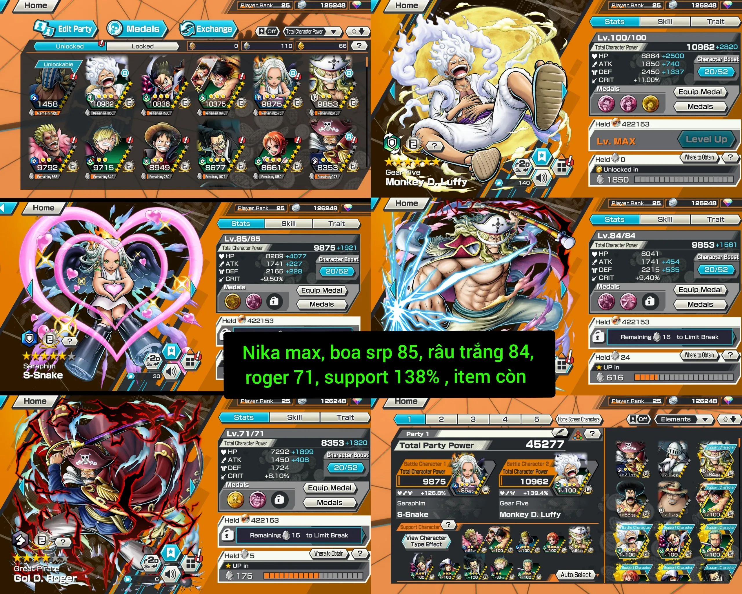 IOS+Android-4 Ex(Luffy Nika Max+Roger V2+S-Snake+White Beard)-Good BF Doflamingo+Sanji+Killer+Luffy-SP 138%-Good Medal-Q72