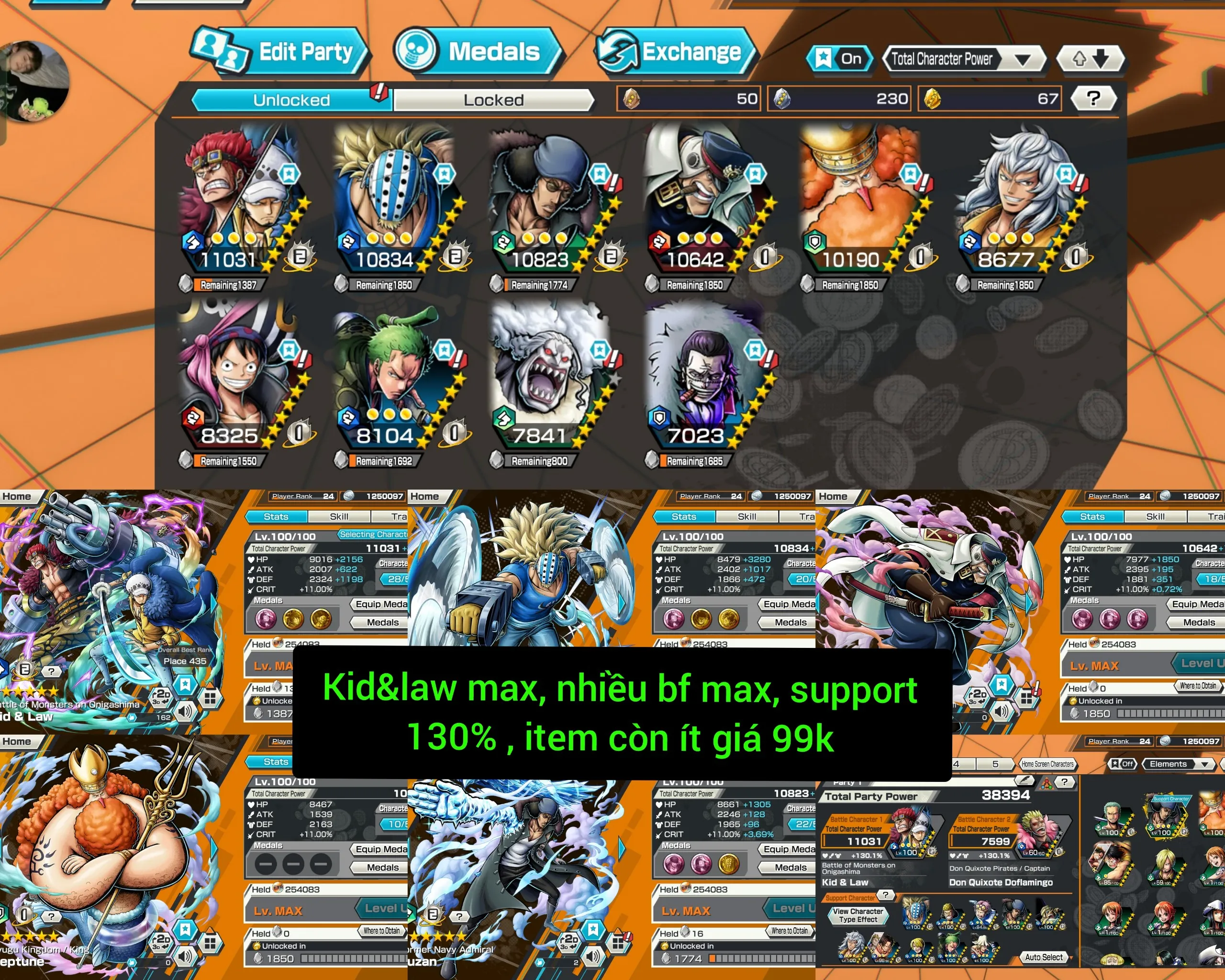 IOS+Android- Ex KidLaw Max-Good BF Max(Killer+Kuzan+Shiryu+Neptune+Zoro)-SP 130%-Good Medal-Q73