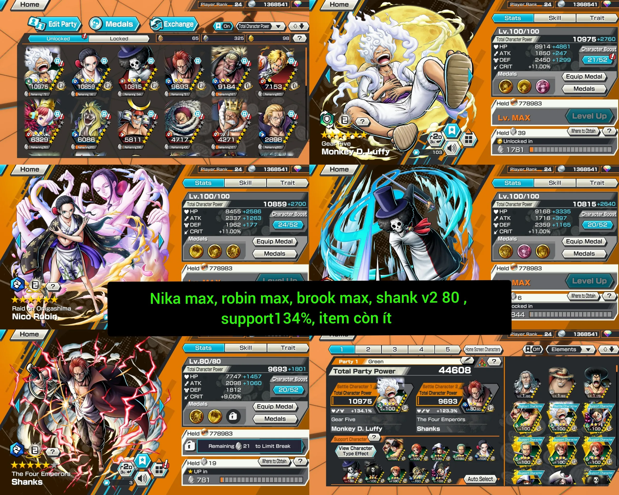 IOS+Android-2 Ex(Luffy Nika Max+Shank V2)-Good BF Robin Max+Brook Max+Sabo+Uta+Franky+Katakuri+Rayleigh-SP 134%-Good Medal-Q74