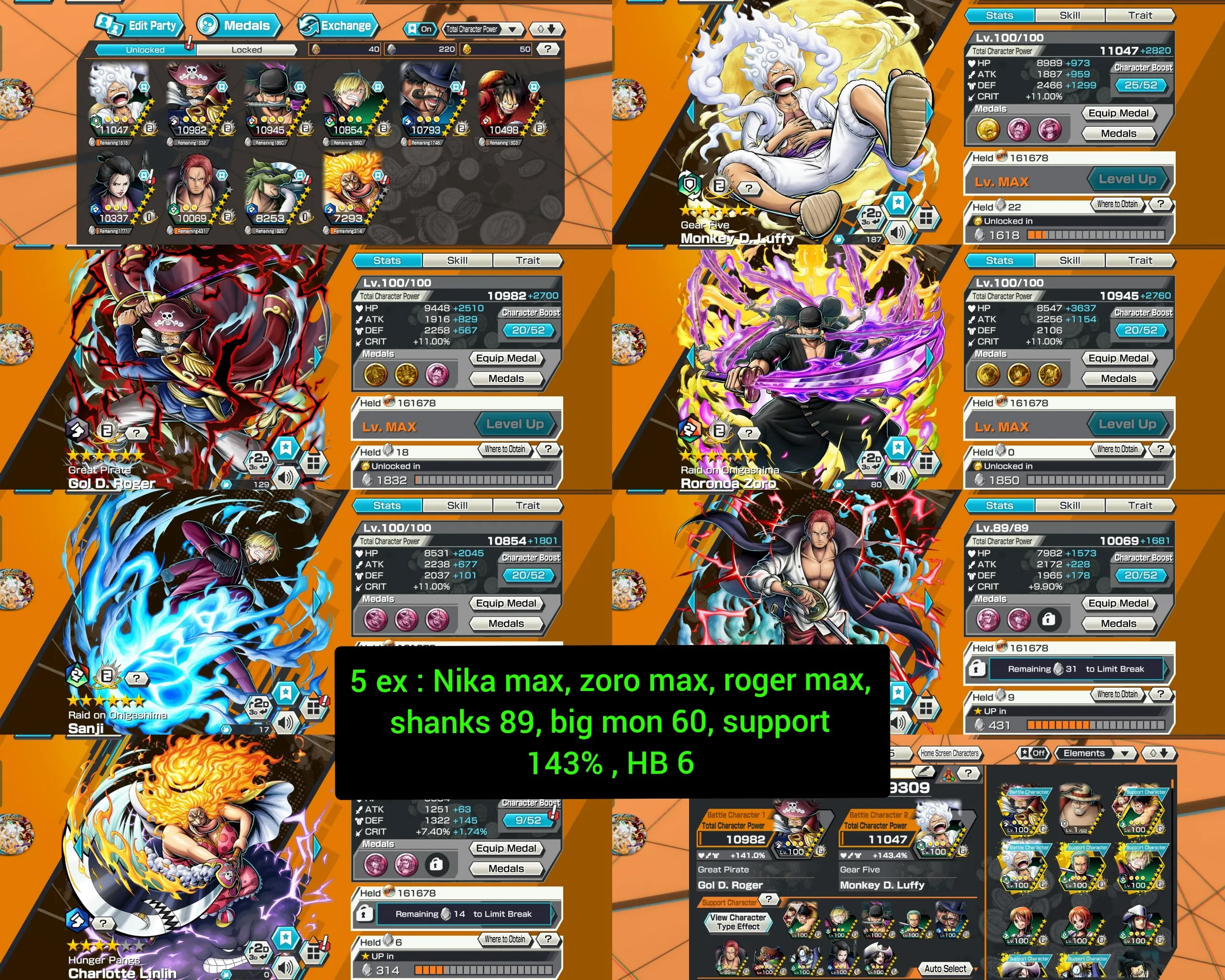 IOS+Android-Hyber Boost 6-3/5 Ex Max(Luffy Nika+Zoro Max+Roger V2+Shank V3+Big Mom)-Good BF-SP 143%-Good Medal-Q77