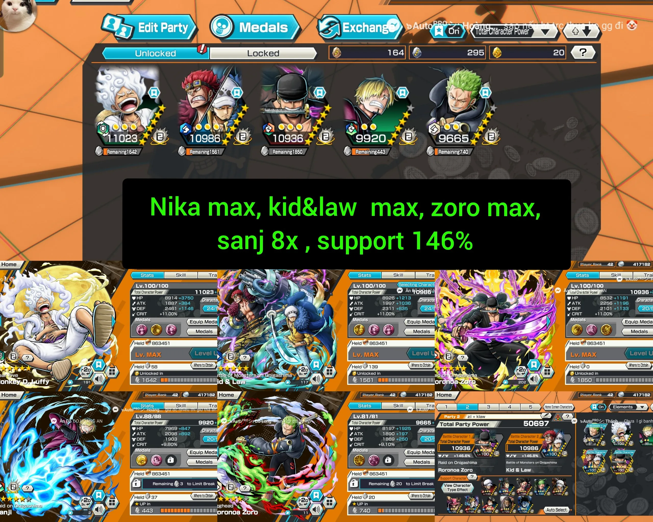 IOS+Android-3 Ex Max(KidLaw+Luffy Nika+Zoro)-Good BF Sanji+Zoro Egghead-SP 146%-Good Medal-Q78