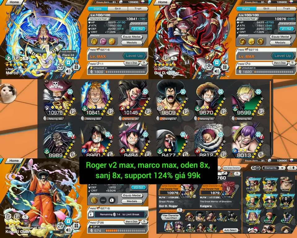IOS+Android-Ex Roger V2 Max-Good BF Marco Max+Oden+Sanji+Katakuri+Cracker+Luffy-SP 124%-Good Medal-Q80