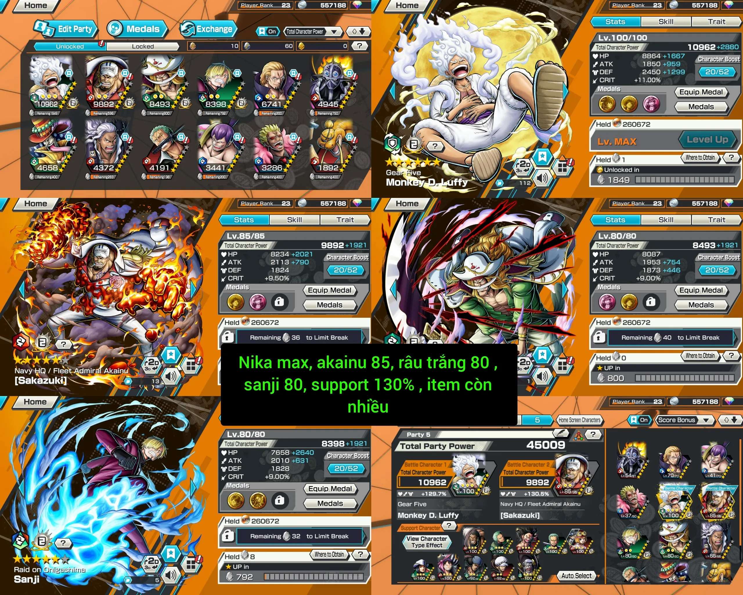 IOS+Android- 2 Ex(Luffy Nika+Akainu)-Good BF White Beard+Sanji+Rayleigh+King+Perospero+Zoro+Cracker+Doflamingo-SP 130%-Good Medal-Q81