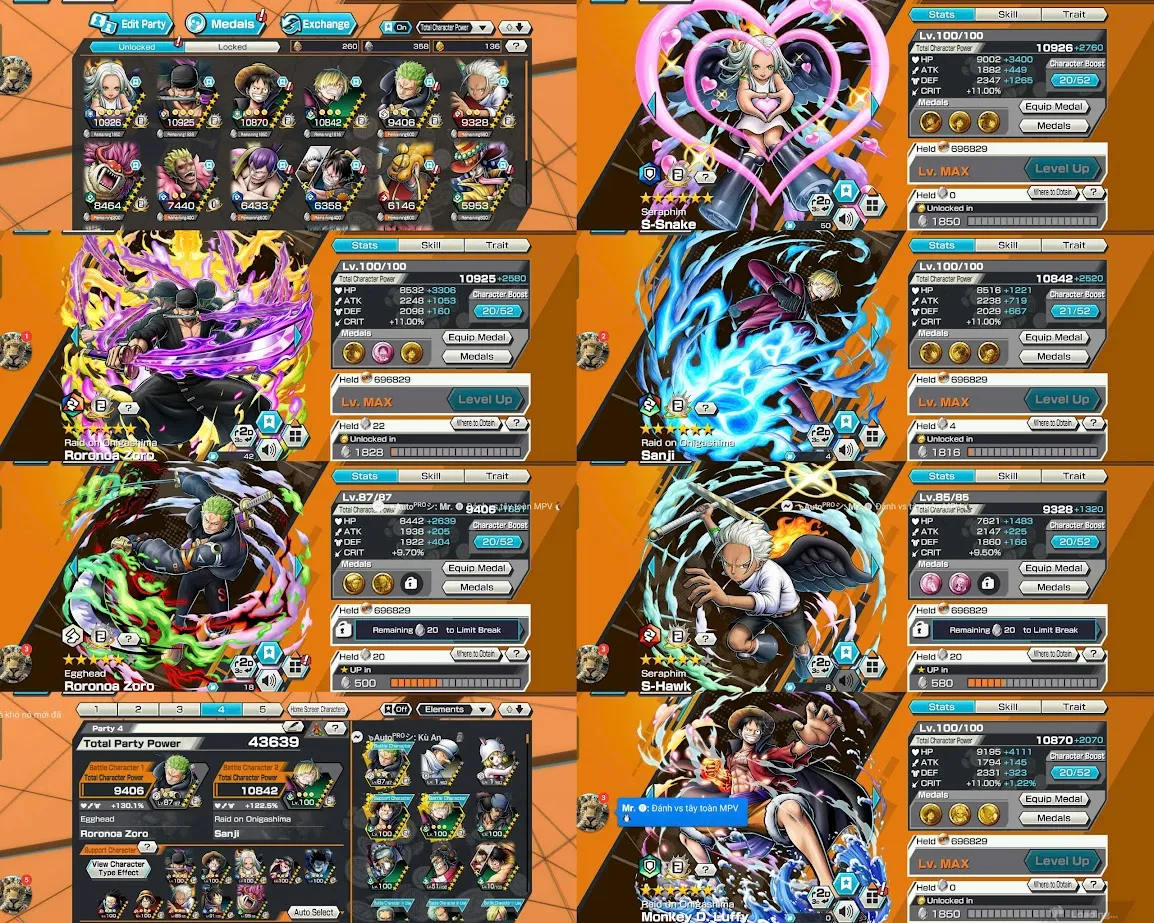 QC43-IOS-Android-2 Ex Max(Zoro-S Snake)-BF(Sanji-Egghead Zoro-S Hawk-Luffy-Queen)-SUP 130-Medal Good