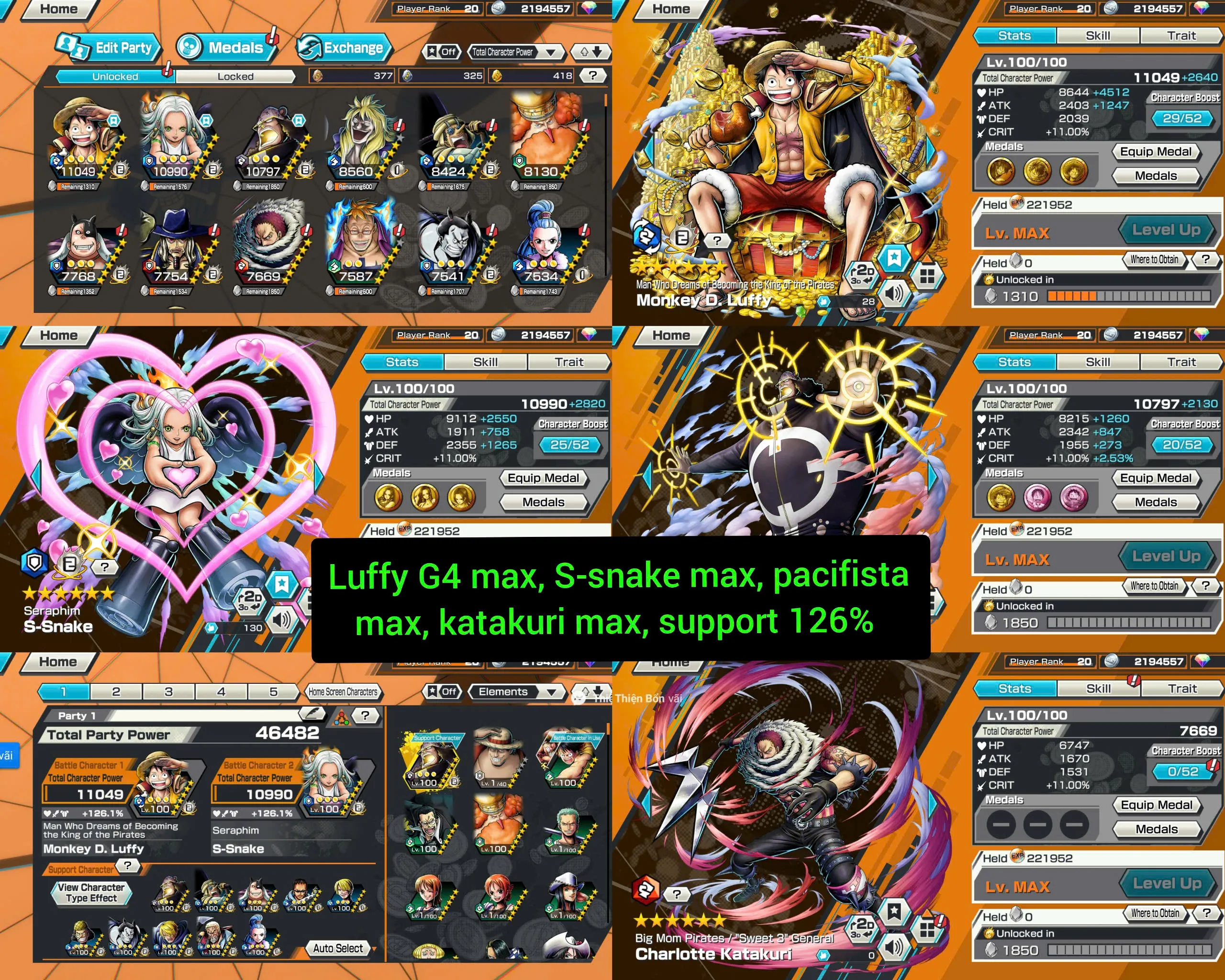 QC42-IOS-Android-2 Ex Max(Luffy V1-S Snake)-BF(Pacifista-Katakuri-Marco)-SUP 126-Medal Good