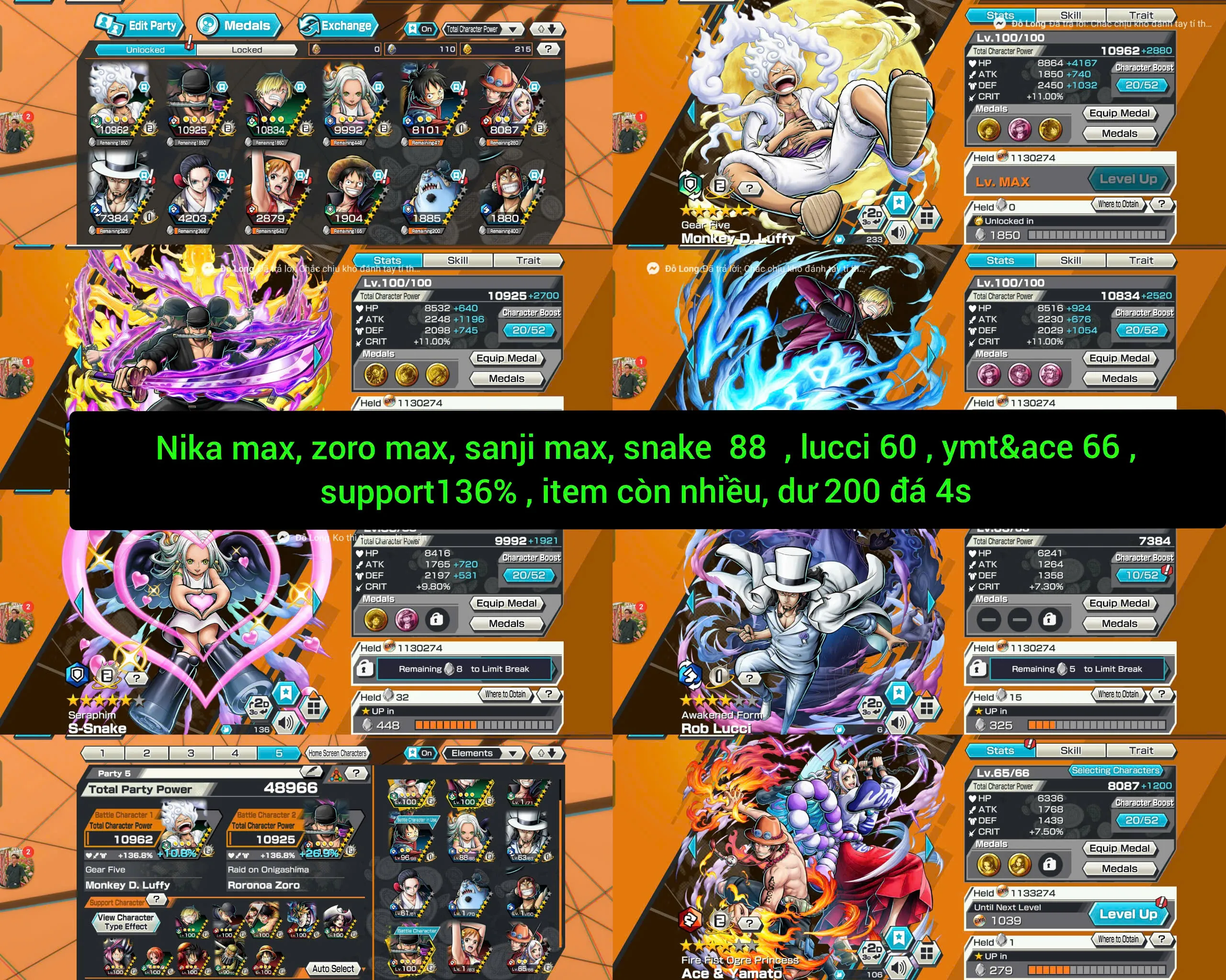 QC39-IOS-Android-2-5 Ex Max(Luffy G5-Zoro-S Snake-Yamato Ace-Lucci)-BF(Luffy-Nami-Boa)-SUP 136-Medal Good