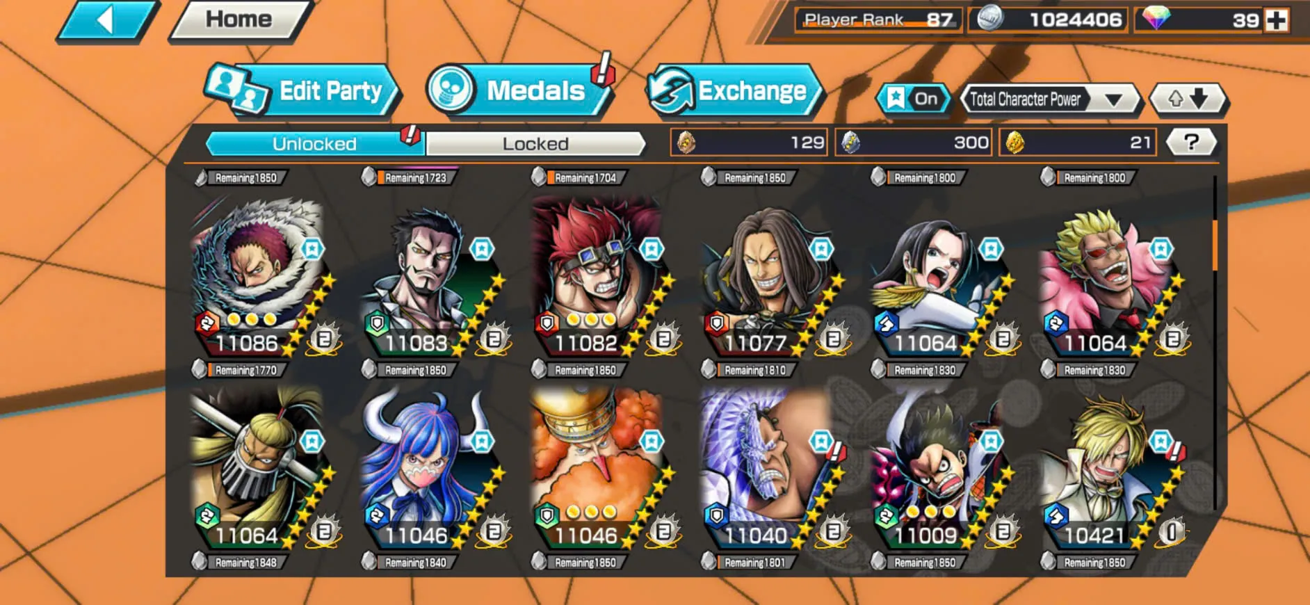 Vip Account-Hyber Boost 85-Roger V1 Full Boost 4+8 Ex(Luffy Gear 5+S-Snake+White Beard+Kid Law+Shank V4+Akainu+Kaido)+Support 167%+Good Medal-KC19