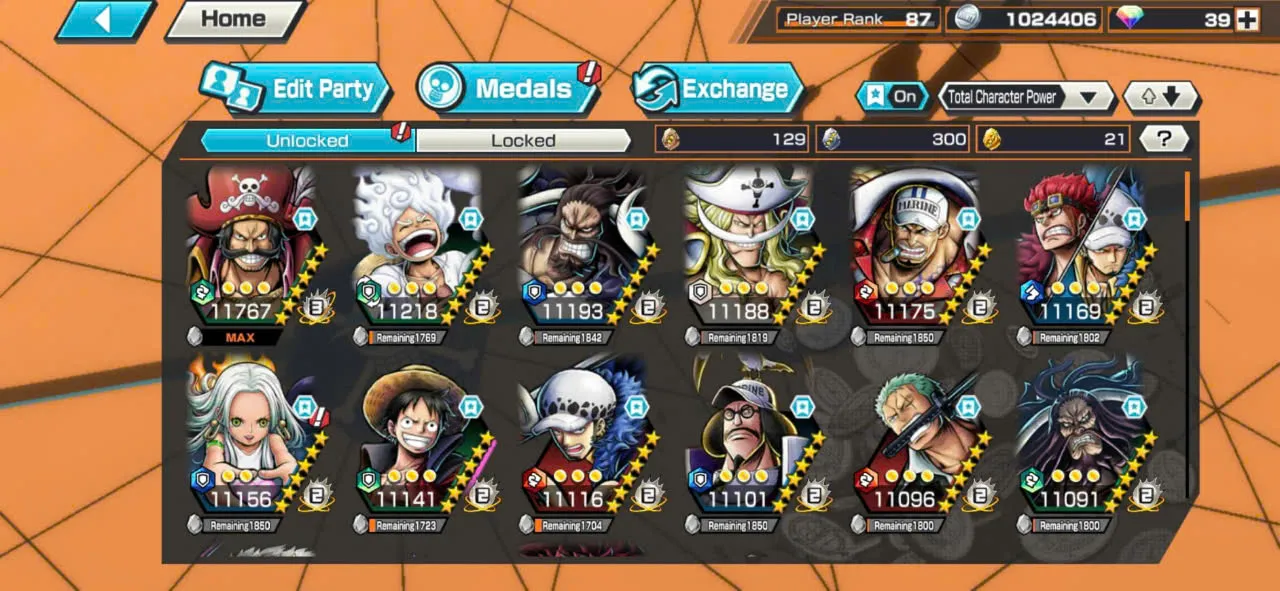 Vip Account-Hyber Boost 85-Roger V1 Full Boost 4+8 Ex(Luffy Gear 5+S-Snake+White Beard+Kid Law+Shank V4+Akainu+Kaido)+Support 167%+Good Medal-KC19