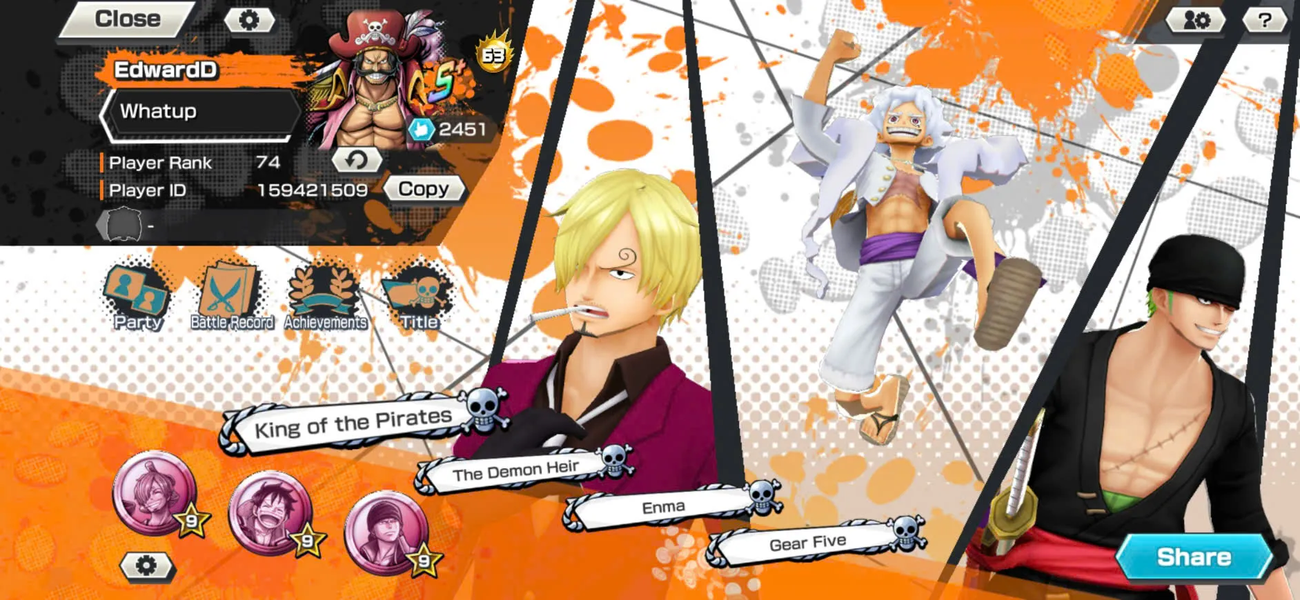 Vip Acc-Hyber Boost 63-Roger V1 Full Boost 4+10 Ex(Luffy Gear 5+Shank Red+Kaido v3+Shank Blue+Zoro+Yamato V2+Luffy+Oden)+Support 165%+Vip Medal-KC18