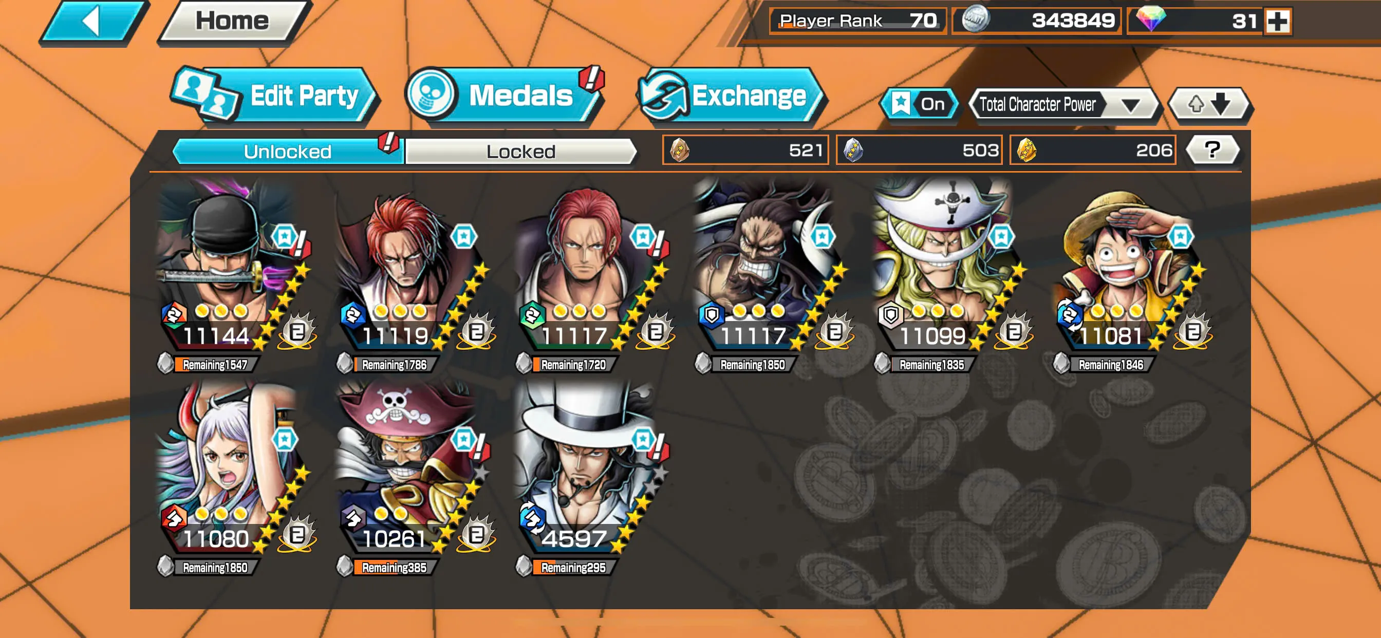 IOS+Android-Hyber Boost 52+9/7 Ex 11k Power(Zoro+White Beard+Shank Red+Lucci+Roger v2+Luffy+Shank Blue+Yamato+Kaido)+Support 163%+Good Medal+Many BF Max-KC08