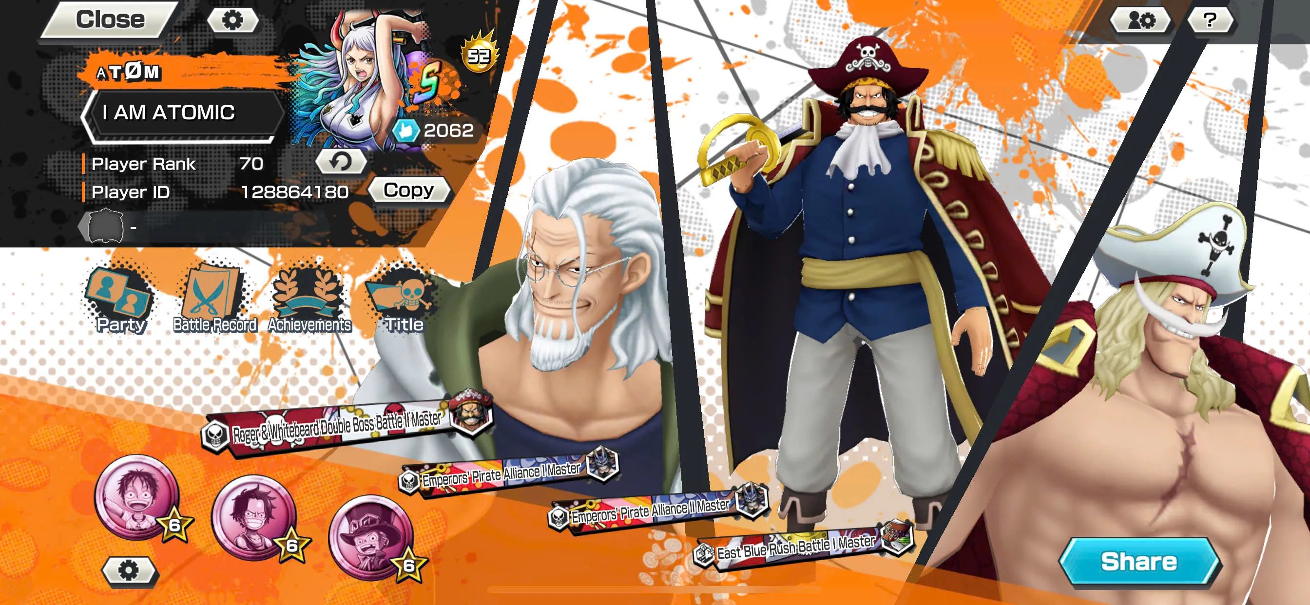 IOS+Android-Hyber Boost 52+9/7 Ex 11k Power(Zoro+White Beard+Shank Red+Lucci+Roger v2+Luffy+Shank Blue+Yamato+Kaido)+Support 163%+Good Medal+Many BF Max-KC08