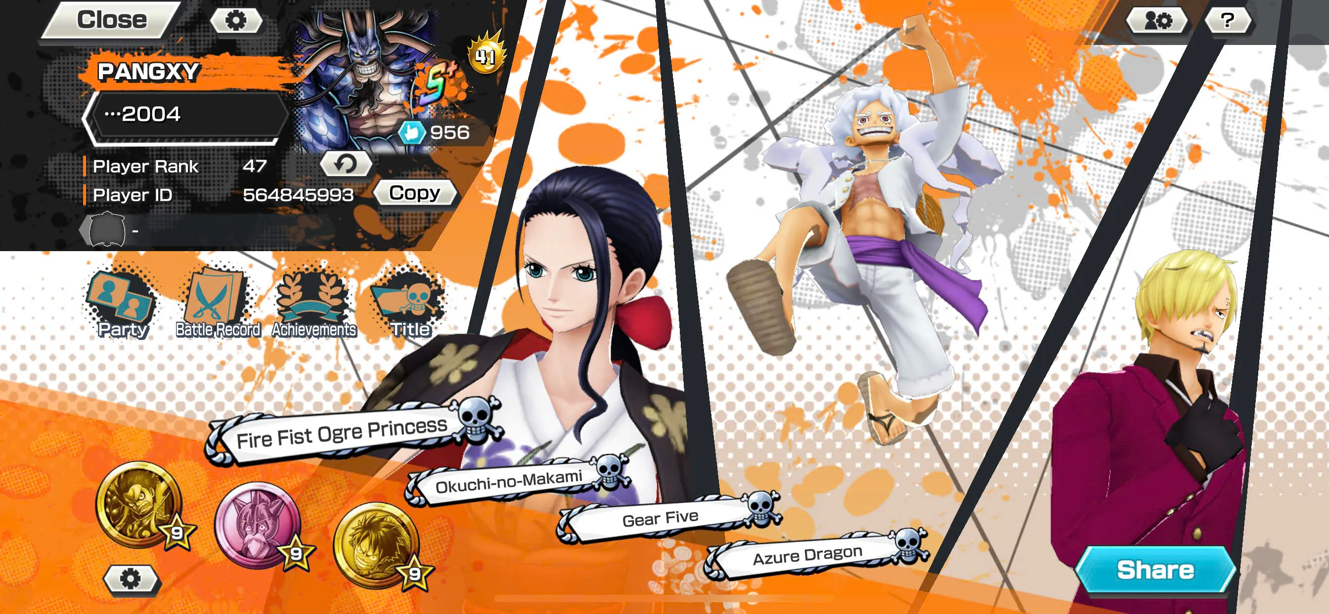 IOS+Android-Hyber Boost 41-5 Ex Max(Luffy Gear 5+Yamato Ace+Kid Law+Yamato Hybrid+Kaido V3)+Support 164%+Good Medal+Robin+Uta+Sanji-KC07
