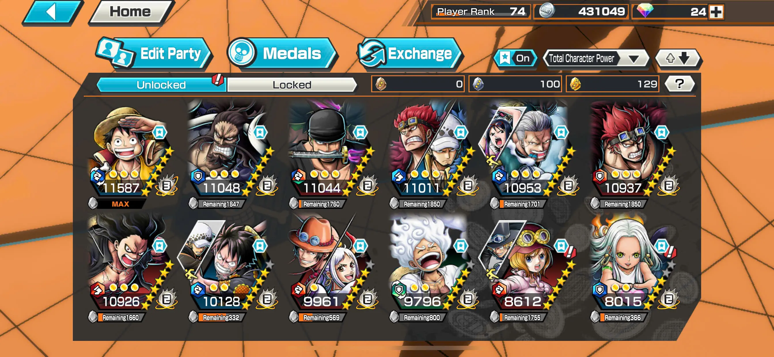 Hyber Boost 33+Luffy Blue Full Boost 4 52/52-7 Ex(Luffy Gear 5+Yamato Ace+S-Snake+Kid Law+Zoro+Kaido)+Support 164%+Good Medal-KC04