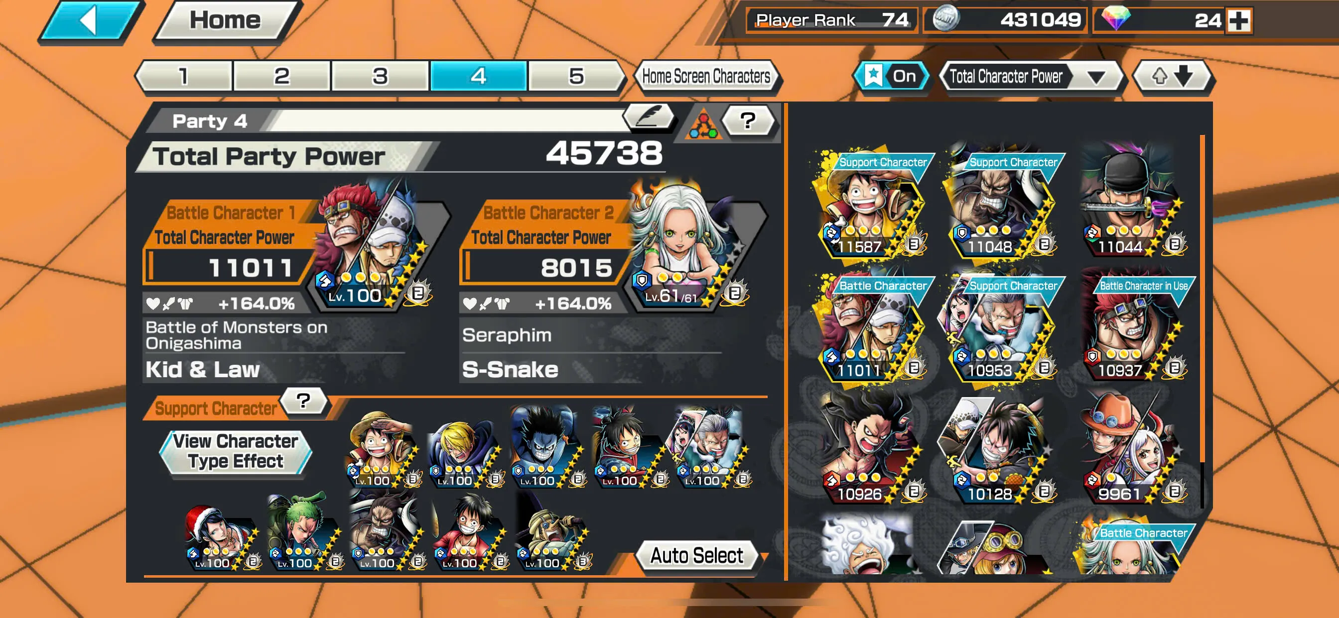 Hyber Boost 33+Luffy Blue Full Boost 4 52/52-7 Ex(Luffy Gear 5+Yamato Ace+S-Snake+Kid Law+Zoro+Kaido)+Support 164%+Good Medal-KC04