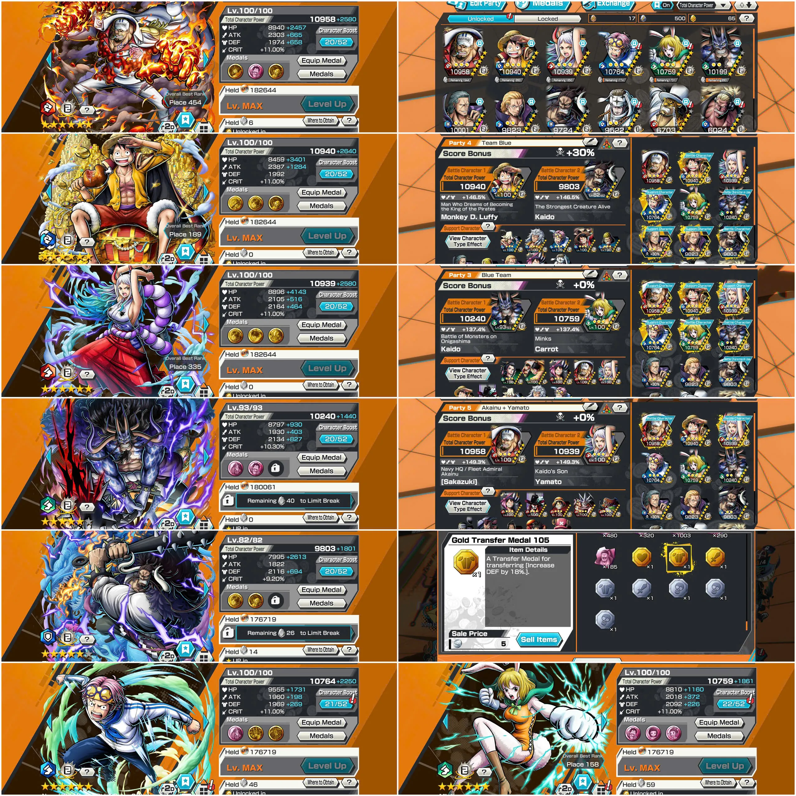 IOS-Android-3-5 Ex Max(Akainu-Luffy King-Yamato-Kaido V2-Kaido V3)-Good BF Coby Max-Carrot Max-Rayleigh-Ben Beckman-SP 149-Good Medal-HL43