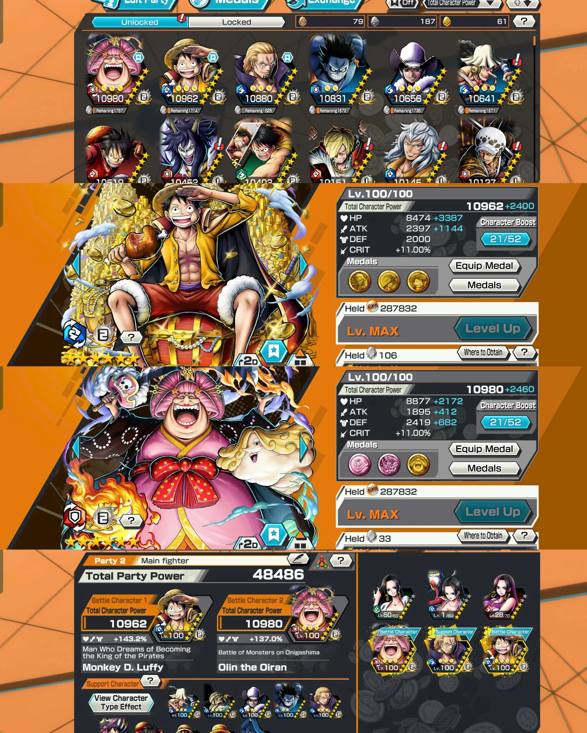 IOS-Android-2 Ex Max(Big Mom-Luffy King)-Good BF Rayleigh-Luffy-Ussop-Law-SP 143-Good Medal-QC74