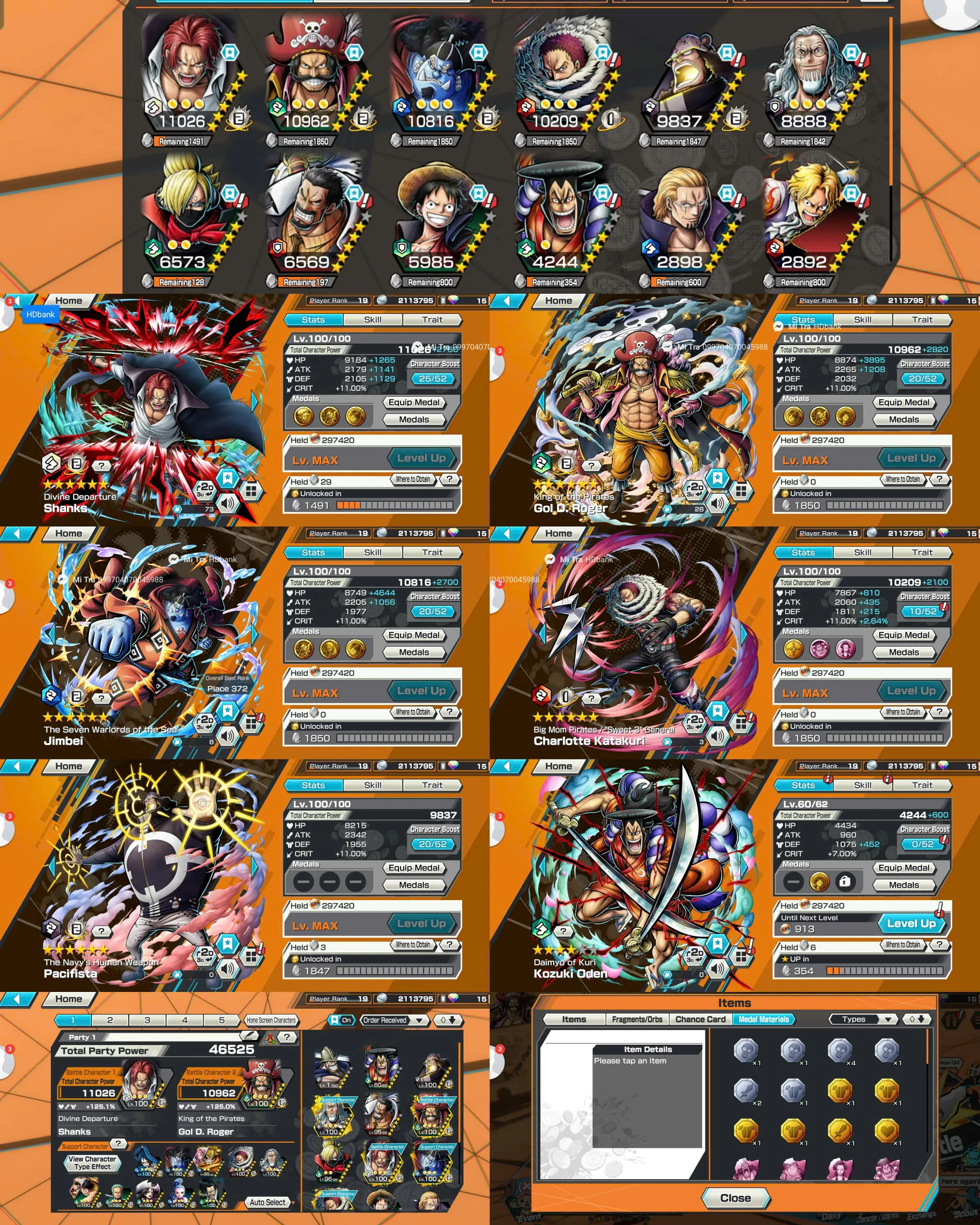 IOS-Android-2-3 Ex Max(Shank V4-Roger V1-Oden)-Good BF Jinbei Max-Pacifista Max-Katakuri Max-SP 125-Good Medal-QC75