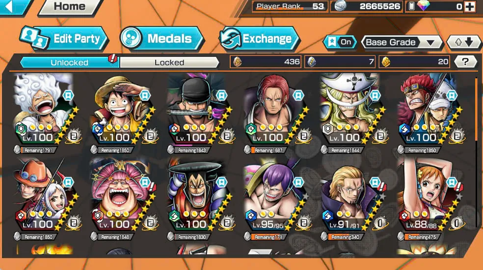BR418-IOS+Android-Hyber Boost 56+10 Ex(Luffy Gear 5 +Yamato Ace+Kid Law+Shank Red+Luffy+Zoro+Yamato Red+Big Mom+White Beard+Oden)+Vip Medal+Support 163%+Many Bounty Festival Max+Donflamingo Max+Ben Beckman+Uta+King Alber+Bluneo+Kaku+Dorry