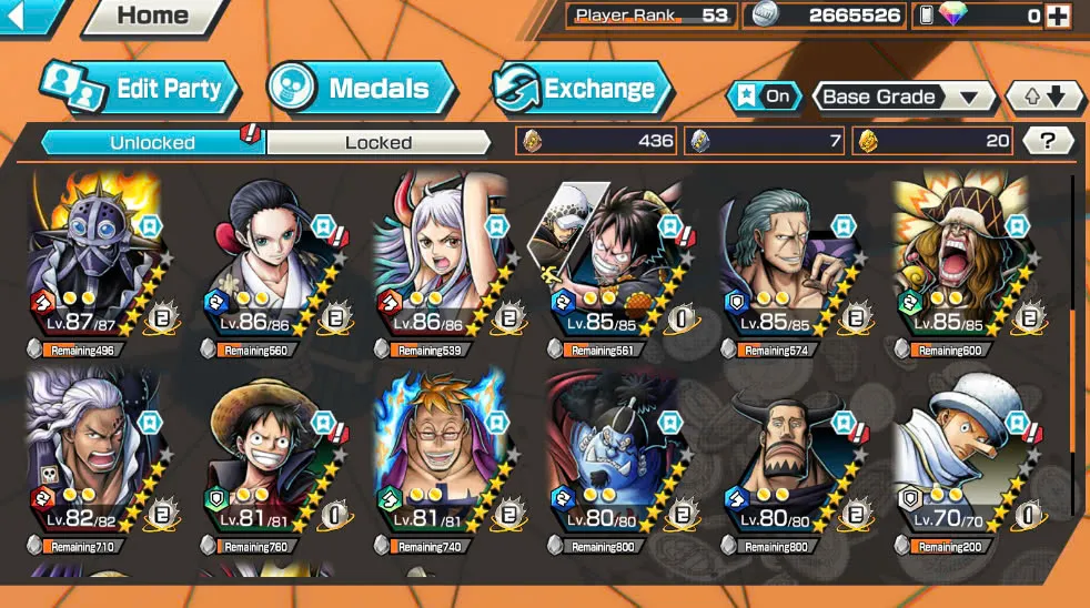 BR418-IOS+Android-Hyber Boost 56+10 Ex(Luffy Gear 5 +Yamato Ace+Kid Law+Shank Red+Luffy+Zoro+Yamato Red+Big Mom+White Beard+Oden)+Vip Medal+Support 163%+Many Bounty Festival Max+Donflamingo Max+Ben Beckman+Uta+King Alber+Bluneo+Kaku+Dorry