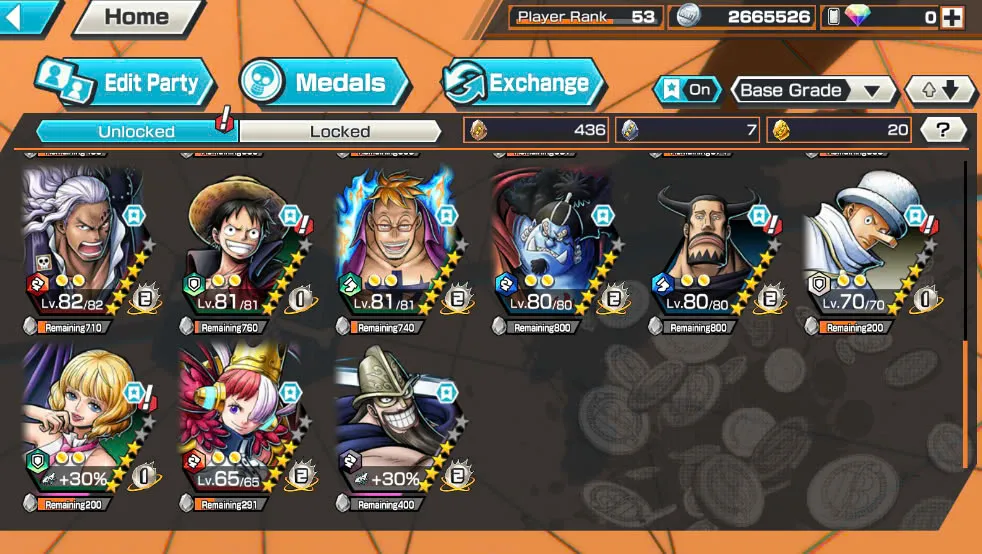 BR418-IOS+Android-Hyber Boost 56+10 Ex(Luffy Gear 5 +Yamato Ace+Kid Law+Shank Red+Luffy+Zoro+Yamato Red+Big Mom+White Beard+Oden)+Vip Medal+Support 163%+Many Bounty Festival Max+Donflamingo Max+Ben Beckman+Uta+King Alber+Bluneo+Kaku+Dorry