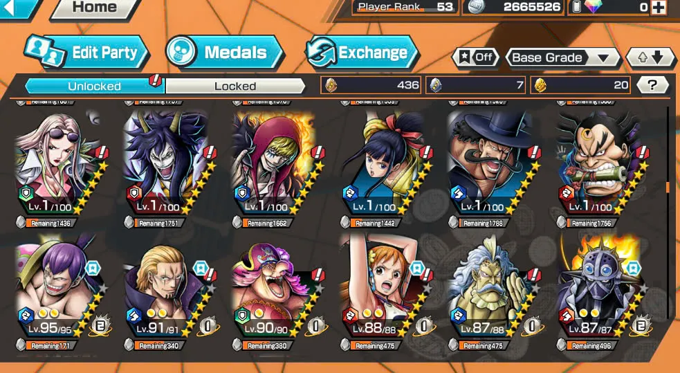 BR418-IOS+Android-Hyber Boost 56+10 Ex(Luffy Gear 5 +Yamato Ace+Kid Law+Shank Red+Luffy+Zoro+Yamato Red+Big Mom+White Beard+Oden)+Vip Medal+Support 163%+Many Bounty Festival Max+Donflamingo Max+Ben Beckman+Uta+King Alber+Bluneo+Kaku+Dorry