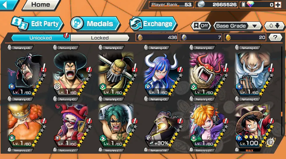 BR418-IOS+Android-Hyber Boost 56+10 Ex(Luffy Gear 5 +Yamato Ace+Kid Law+Shank Red+Luffy+Zoro+Yamato Red+Big Mom+White Beard+Oden)+Vip Medal+Support 163%+Many Bounty Festival Max+Donflamingo Max+Ben Beckman+Uta+King Alber+Bluneo+Kaku+Dorry