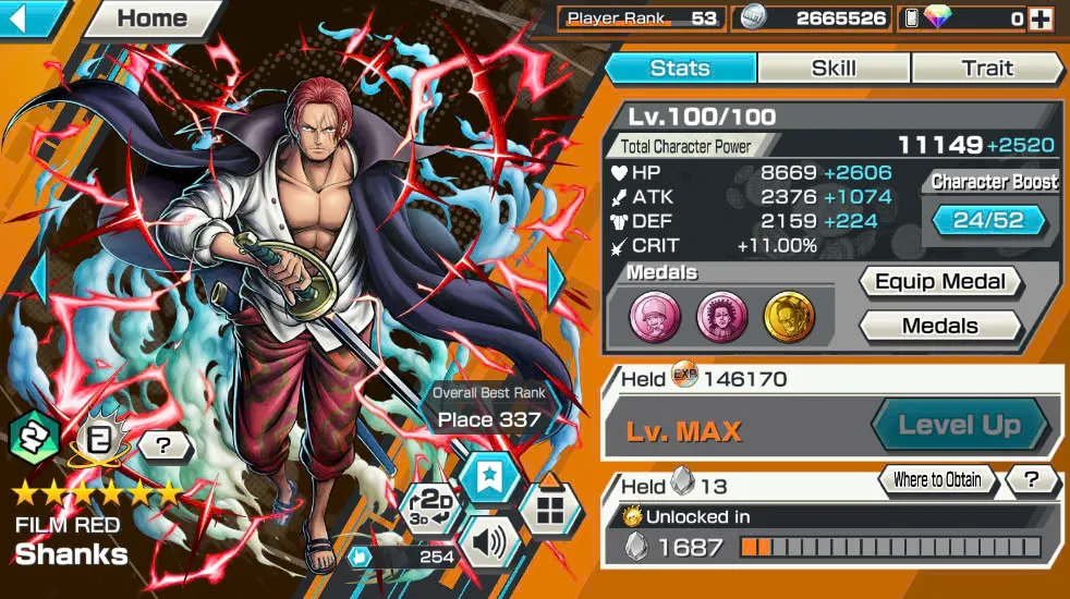 BR418-IOS+Android-Hyber Boost 56+10 Ex(Luffy Gear 5 +Yamato Ace+Kid Law+Shank Red+Luffy+Zoro+Yamato Red+Big Mom+White Beard+Oden)+Vip Medal+Support 163%+Many Bounty Festival Max+Donflamingo Max+Ben Beckman+Uta+King Alber+Bluneo+Kaku+Dorry