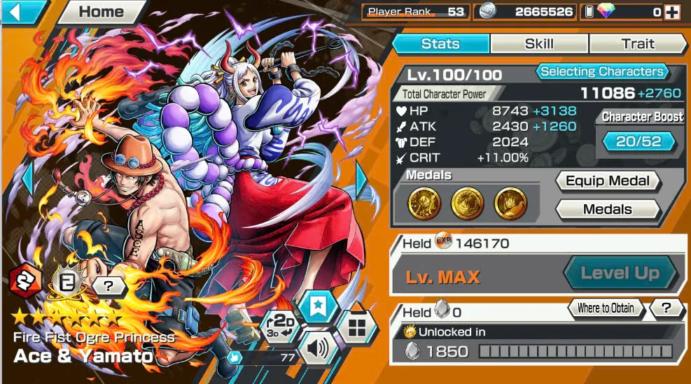 BR418-IOS+Android-Hyber Boost 56+10 Ex(Luffy Gear 5 +Yamato Ace+Kid Law+Shank Red+Luffy+Zoro+Yamato Red+Big Mom+White Beard+Oden)+Vip Medal+Support 163%+Many Bounty Festival Max+Donflamingo Max+Ben Beckman+Uta+King Alber+Bluneo+Kaku+Dorry