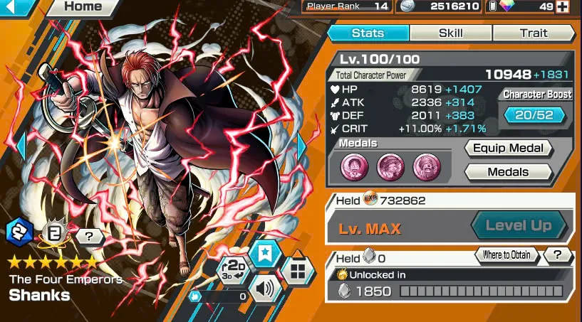 BR484-IOS+Android-Garp Full Boost 52/52+4 Ex(Shank v4+Akainu+Shank v2)+Good Medal+Kaku Max+Koby Max+Cracker Max+Shiryu v2+Sanji+Sentomaru v2+Egghead Luffy+Oden v2