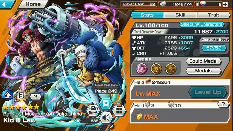 BR487-IOS+Android-Hyber Boost 68+Kid Law Full Boost+4 Ex Max 11K Power(Shank v4+Lucci+Luffy Gear 5)+Vip Medal+Support 163%+Uta Max+Ulti Max+Brook+S-Hawk+Rayleigh+Yasopp+Karasu+Noland+Sanji