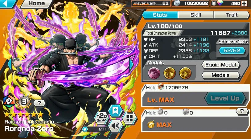BR490-Android-Hyber Boost 66+490 Diamond RD+12 Ex(Zoro Full Boost+Kuzan+Lucci+Snake+Roger v1+Kaido+Gear 5+Roger v2+Luffy+Yamato v2+Kid Law+Shank v2)+Vip Medal+Support 165%+Many Bounty Festival Max+Strong Account