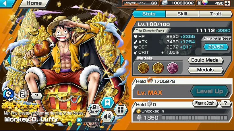 BR490-Android-Hyber Boost 66+490 Diamond RD+12 Ex(Zoro Full Boost+Kuzan+Lucci+Snake+Roger v1+Kaido+Gear 5+Roger v2+Luffy+Yamato v2+Kid Law+Shank v2)+Vip Medal+Support 165%+Many Bounty Festival Max+Strong Account