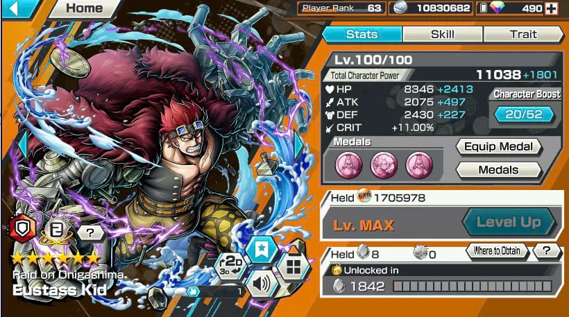 BR490-Android-Hyber Boost 66+490 Diamond RD+12 Ex(Zoro Full Boost+Kuzan+Lucci+Snake+Roger v1+Kaido+Gear 5+Roger v2+Luffy+Yamato v2+Kid Law+Shank v2)+Vip Medal+Support 165%+Many Bounty Festival Max+Strong Account