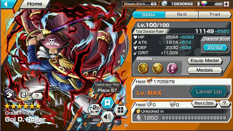 BR490-Android-Hyber Boost 66+490 Diamond RD+12 Ex(Zoro Full Boost+Kuzan+Lucci+Snake+Roger v1+Kaido+Gear 5+Roger v2+Luffy+Yamato v2+Kid Law+Shank v2)+Vip Medal+Support 165%+Many Bounty Festival Max+Strong Account