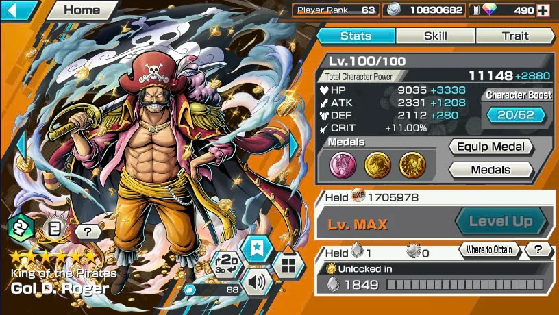 BR490-Android-Hyber Boost 66+490 Diamond RD+12 Ex(Zoro Full Boost+Kuzan+Lucci+Snake+Roger v1+Kaido+Gear 5+Roger v2+Luffy+Yamato v2+Kid Law+Shank v2)+Vip Medal+Support 165%+Many Bounty Festival Max+Strong Account
